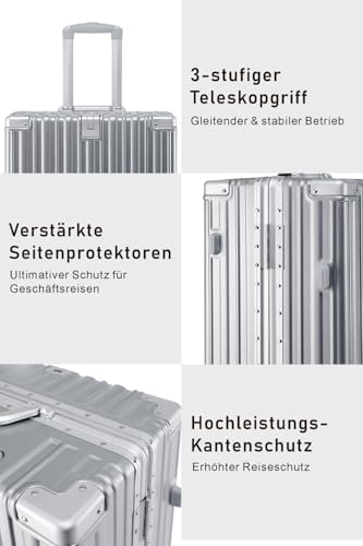 yuweijie Alu-Rahmen Handgepäck Koffer mit 4 Rollen · Hartschalen in 100% PC mit Getränkehalter · Reisekoffer TSA Schloss · Trolley für Geschäftsreisen · Silber · S-55cm
