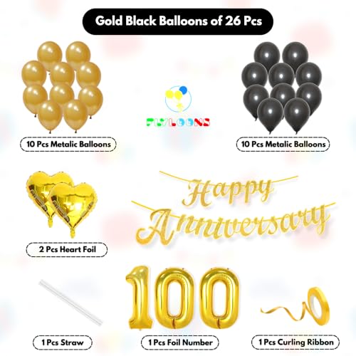 Image of Flyloons 100th Happy Anniversary Decoration Items Gold Black for Men Women Husband Wife Mom Dad Couple Home Bedroom Car With 20 Pcs Metallic Balloons Anniversary Banner 2 Pcs Heart Set Kit Golden