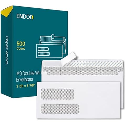 EnDoc 500#9 Double Window Envelopes Self Seal, 3 7/8 x 8 7/8" Security Tinted Envelopes for Invoices & Statements, Business Mailing Envelopes with Windows, Bright White 24lb Paper Envelopes no. 9 Cover