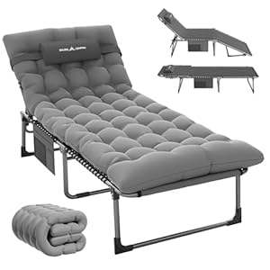 Padded Folding Camping Cot for Adults with Double Layer Ultra Comfort Mattress, Portable 5-Position Chaise Lounge Chair Outdooor & Indoor, Sleeping Cot Bed for Beach, Pool, Patio, Dark Grey