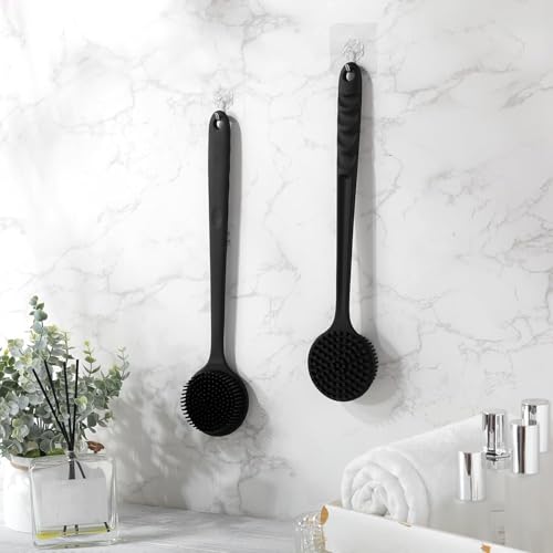 Image of Silicone Bath Brush with Long Handle - Soft Bristles Back Scrubber for Shower | Body Massage - Exfoliating Dirt Removal Brush for Men | Women (LONG BRUSH 2 SET)