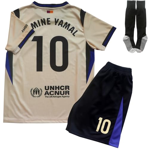 LeenBD Barca #10 Y. 25/26 Away Kids Soccer Jersey Shirts Football Futbol Socks Set Youth Sizes(Cream 26)