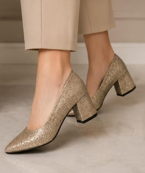 Image of Xocean Women's Pvc Gold Shimmer Pointed Toe Heels Sandal for Wedding Party & Festive