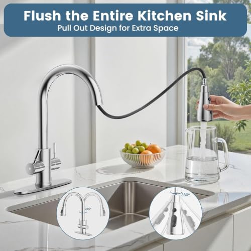 Hurran Kitchen Sink Faucet with Pull Down Sprayer, Brushed Nickel 2 Handles | High Arc Stainless Steel Kitchen Faucet with Escutcheon, Suitable for Kitchens, RVs, Laundry, and Bars - image 5