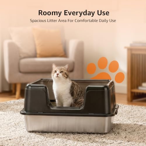 Image of Amazon Basics Stainless Steel Cat Litter Box with Elevated Anti-Splash PP Guard | Black | Open-Top Easy-Clean Litter Tray for Cats | 50.1L x 35.4W x 24.8H cm