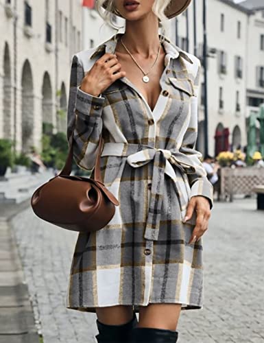 Image of SeekMe Women's Long Plaid Shirt Jacket Shacket Lapel Button Down Woolen Blend Casual Tartan Over Shirt Trench Coat