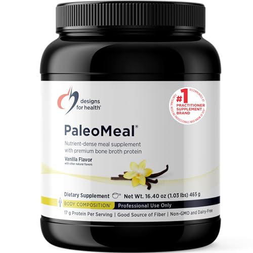 Designs for Health PaleoMeal - Bone Broth Protein Powder with 17g Protein, Meal Replacement Shake Dietary Supplement with Active Folate + Chelated Minerals, Vanilla (15 Servings / 480g)
