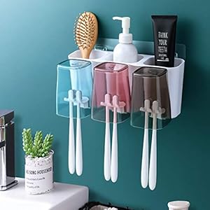 Goowin Toothbrush Holder, Toothbrush Holder for Bathroom, Large Capacity Toothbrush Holder Wall Mounted, Eco-Friendly Mighty Toothbrush Holder with 3 Square Cups for Family or Dormitory