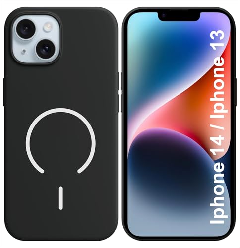 Image of SBMS Silicone Back Cover Case for iPhone 14 / iPhone 13 | Soft Micro-Fibre Lining Inside | Magsafe Print On Back Side Camera Protection Bump | Shockproof Case iPhone 14 / iPhone 13 (Black)