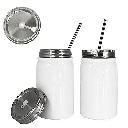 UHUZZ Sublimation Blank Mason Jar Tumbler,17 OZ Stainless Steel Blank Mason Cup,Stainless Steel Straw and Waterproof Cover With Silicone Plug,For Cricut Mug Press Machine Sublimation Print 2 PCS