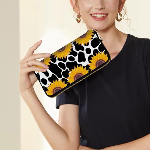 Image of Women's Wallets,Credit Card Holder Money Leather Long Wallet with Wristlet,Large Capacity with Zip-Around Phone Purse for Women Ladies Girls,Cow Print Sunflowers