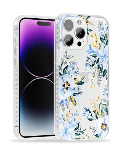 Coque iPhone 15 Pro motif floral bleu joli cadeau transparent et tendance pour femme