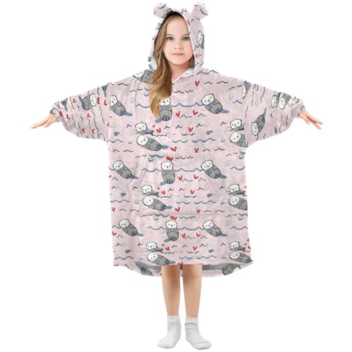 CEBUGI Cute Sea Otter Wearable Blanket for Kids Blanket Hoodie with Kangaroo Pocket for Boys Girls age 3-14,S