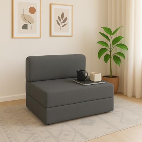 PUM PUM 2 Seater Sofa Cum Bed | EPE Foam Foldable Couch with Washable Cover | 36 Inch Width Compact Sleeper for Home & Guest Room,Grey