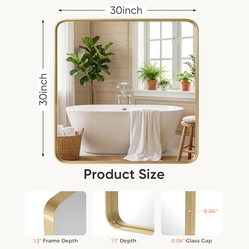 Image of NEWBULIG 30 inchx30 inch Gold Wall Mirror, Bathroom Mirrors for Over Sink, Matte Metal Framed Vanity Mirror with Tempered Glass, Entryway, Living Room, Bedroom