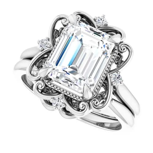 2 CT Emerald Cut VVS1 Colorless Moissanite Engagement Ring Set, Wedding/Bridal Ring Set, Sterling Silver Vintage Antique Anniversary Promise Ring Set Gift for Her3