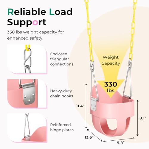 Image of DECORLIFE Toddler Swing - High Back Full Bucket Seat for Ages 1-3, 330lb Capacity, Baby infant Swing Outdoor with Safety Design, Plastic-Coated Chains, Carabiners for Backyard, Playground, Garden-Pink