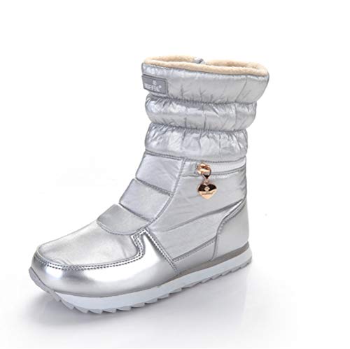 PAMRAY Winterstiefel Stiefeletten Damen Schneestiefel Wasserdicht Schlupfstiefel Mitte Reisverschluss Leicht Warm Fleece Gefutterte Boots Skifahren Silber 36