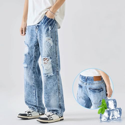 Baggy Ripped Jeans for Men Vintage Distressed Straight Leg Denim Pants Streetwear Hip Hop Style2