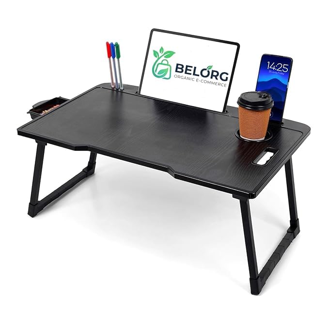 Image of Wood Smart Multipurpose Foldable Laptop Table with Cup Holder, Study Table, Bed Table, Breakfast Table, Foldable and Portable /Ergonomic & Rounded Edges /Non-Slip Legs (Black)