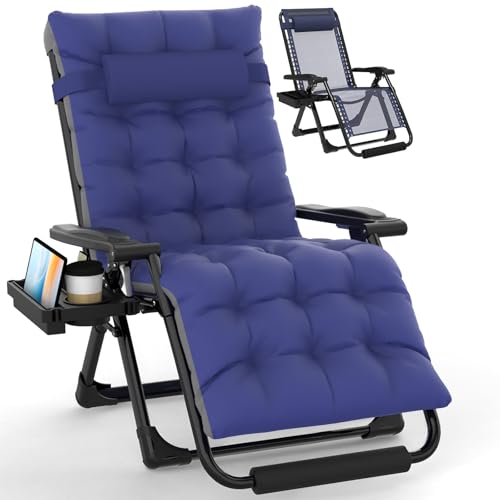 Image of Slendor Oversized Zero Gravity Chairs XL, 29in Padded Recliner Chair, Blue | Reclining Lounge Chair, Folding Anti Gravity Chairs w /Aluminum Alloy Lock,Headrest,Cup Holder, Support 440lbs,for Lawn Patio