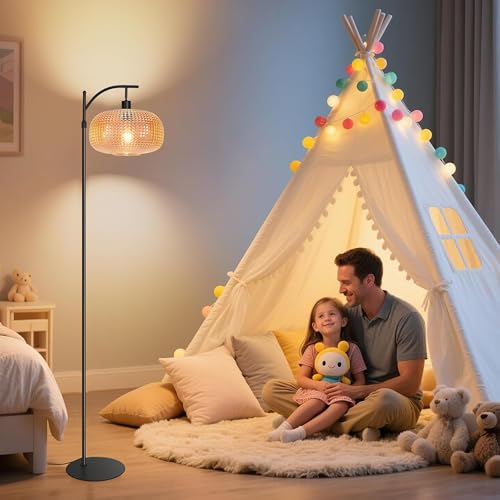 Image of Modern Floor Lamps for Living Room, Tall Standing Lamp with Amber Shade