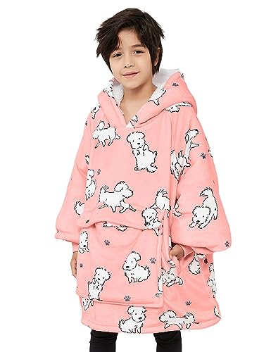 Image of KFUBUO Wearable Blanket Hoodie for Kids With Pocket, 6-10 Year Old, Dog | Sherpa, Heavy Material, Oversized Sweatshirt Blanket, Kids Blanket, Girl Boy Gifts, Hooded Blanket Kids, Cozy Gifts for Kids