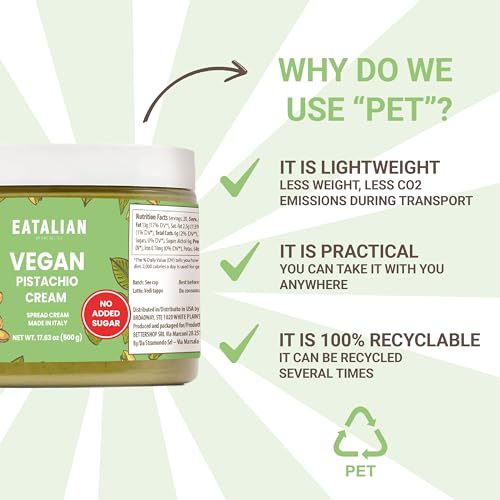 Image of EATALIAN by AMZ BETTER Vegan Pistachio Cream Sugar Free, 17.63 oz / 500 gr, Delicious sugar free vegan spread, ideal on bread, perfect with ice cream, Excellent for Dubai Chocolate, Made in Italy