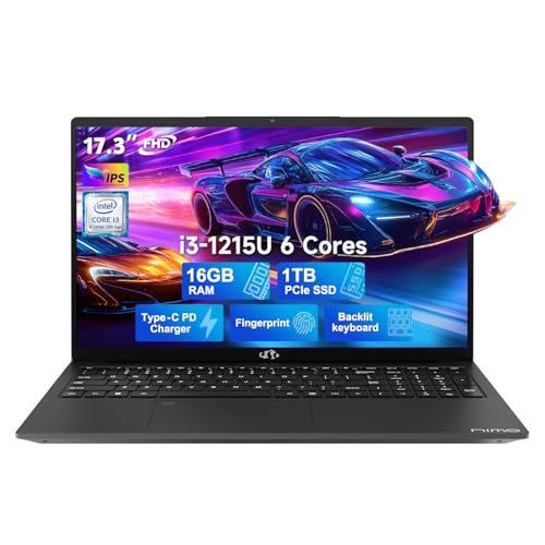 Laptop for Blender NIMO 17.3 FHD Laptop, Intel 6 Core i3-1215U, 16GB RAM, 1TB SSD, (Beat i5-1135G7, Up to 4.4GHz), 65W Type-C, Fingerprint, Backlit Keyboard, IPS Business Computer, Numpad, Win 11