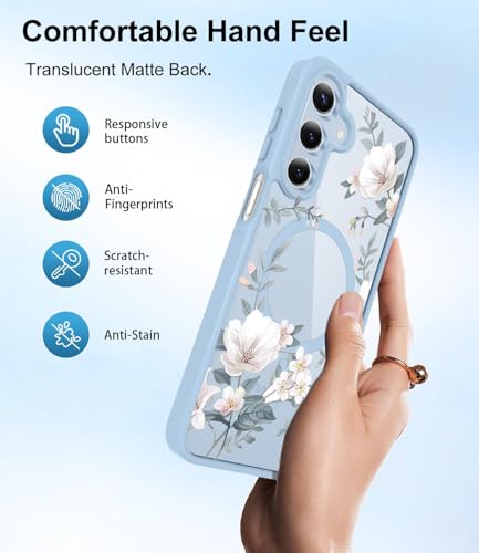 Image of VONZEE Compatible with Samsung Galaxy S24 FE 5G Case Luxury Retro Flowers Floral Clear for Magnetic Wireless Charging Case Shockproof Case PC+TPU Cute Glossy Shiny Cover for Girls Women, Official Blue