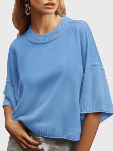 Image of Saodimallsu Womens Short Sleeve Sweater Summer Oversized Cropped Sweaters Casual Crewneck Lightweight Knit Tops