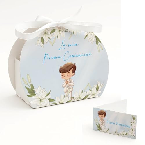 Scatole Portaconfetti Prima Comunione – Set da 24 Scatoline con Bigliettini e Nastrini – Design “La Mia Prima Comunione” – Bomboniere Fai da Te – PV Grafik(18CL)