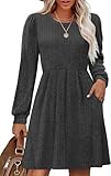OFEEFAN Long Sleeve Dress with Pockets for Women Dress for Winter Women Darkgrey M