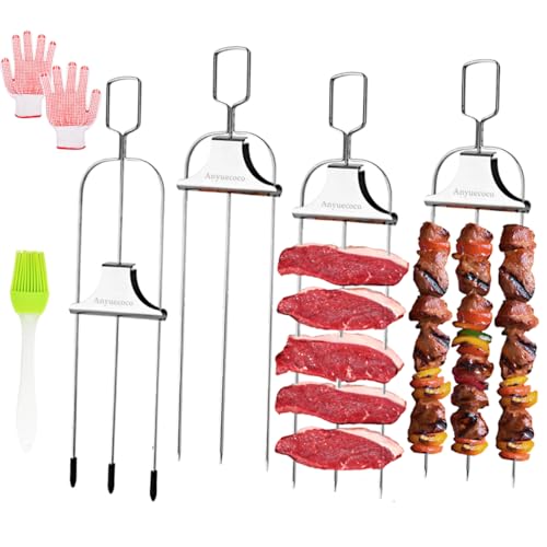 Kabob Skewers for Grilling,4-Pack 14 Inch 3-Prong Skewers for kabobs,Stainless Steel Skewer,With Push Bar Reusable Metal Skewer,Kabob Sticks,Perfect For Meat,Chicken,Sausages,Veggies,shrimp