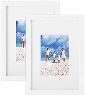 SONGMICS Picture Frame Set of 2, A4 (21x29.7 cm) without Mat, 5x7 inch (13x18 cm) with Mat, Glass Front, Home and Office, White MDF Photo Frames RPF04WT