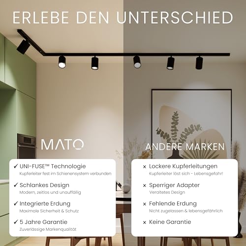 MATO LED Schienensystem Lampen Schwarz Komplettset - Gerade 1m Schiene + 3x GU10 Spots - Lichtschienensystem Decke, Stromschiene 1 Phase 230V Lichtschiene, Lampenschienen System, Stromschienensystem