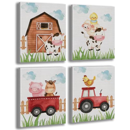 Watercolor Farmhouse Nursery Decor Canvas Wall Art Farm Cute Animal Chicken Cow Pig Wall Decor Artwork Poster Prints for Home Living Room Girls Boys Bedroom Classroom Decoration,4PCS,Framed,8x10IN