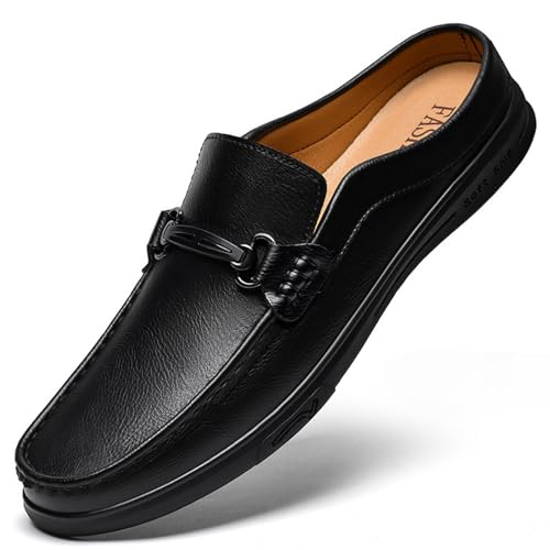 Men's Leather Hand Stitched Flat Mules with Metal Buckle Fashion Round Toe Soft Sole Slip on Slingback Penny Loafers for Casual Daily Walk (10.5,Black)