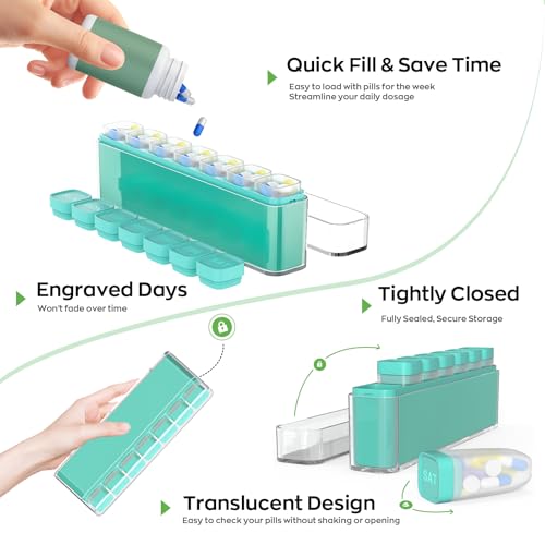Image of HIONXMGA Color-Coded Weekly Pill Organizer Once Daily, Detachable 7 Day Travel Pill Box with Upgraded Sealing Lids, Large Portable Pill Case for Medication, Vitamins, Supplements & Fish Oils, Cyan