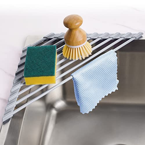 Tomorotec Escurridor de Platos Enrollable Triangular – Pequeño Plegable Recubierto de Silicona para Esquina del Fregadero, Organizador de Acero Inoxidable, escurridor y Ahorro de Espacio para