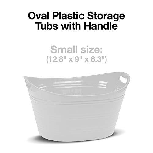 Oval plastic storage tubs with handle - Small size: (12.8" x 9" x 6.3") - Oval plastic tub with handle - beverage and ice bin - store small items at home, classroom, beauty salon. (Pack of 4 white)