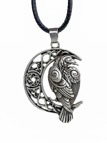 HAQUIL Raven Necklace, Celtic Raven on Crescent Moon Pentagram Pendant, Faux Leather Cord, Celtic Jewelry Gift