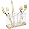 mDesign Plastic Cutlery Utensil Holder Storage Organizer Caddy for Kitchen Countertop Organization - Holds Fork, Knife, Spoon, Silverware - 3 Divided Sections - Hyde Collection - Clear/Soft Brass