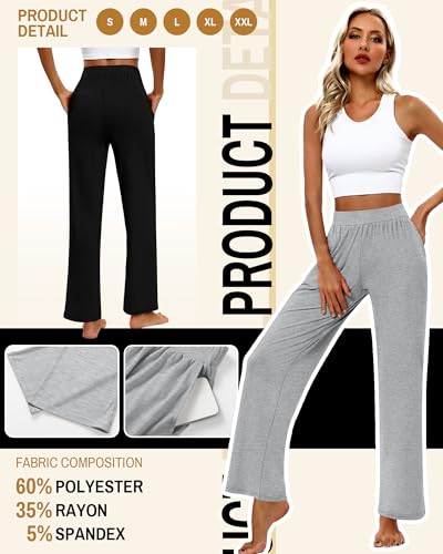 Image of Huukeay 3 Pack Women's Lounge Pants, Cozy Wide Leg Lounge Slacks with Pockets Loose Flowy Yoga Sweatpant Workout Comfy Jogger