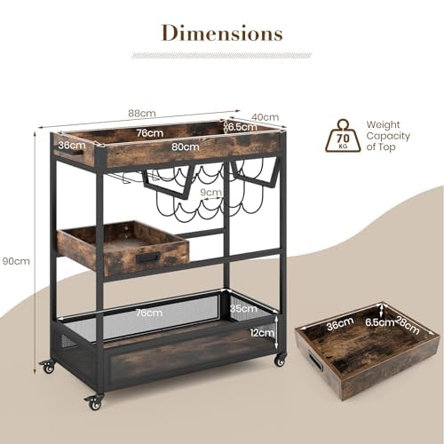 Chariot de service roulant à 3 étages avec plateau amovible, casier à vin et roues verrouillables – Idéal pour le rangement et l'organisation du bar à domicile