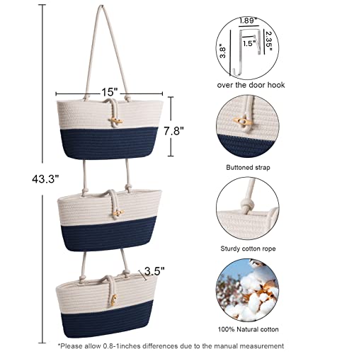 Oradrem Over The Door Basket Cotton Rope Organizer, 3-Tier Wall Hanging Storage Basket, Closet Organizing, Decorative Baskets For Organizing Living Room—14.5“X7" (Navy Blue) #TOP2