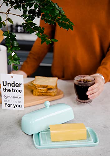 Nucookery Ceramic Butter Dish with Lid | Raised Legs and Non-Slip Strip Design | Porcelain Health | Dishwasher Safe, Lake Blue