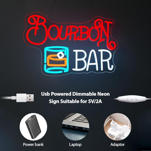 Image of Bourbon Bar Neon Signs for Wall Decor Dimmable LED Neon Light USB Powered Light up Signs for Home Underground Bar Theme Party Beer Bistro Whiskey Tasting Room Decor Gift for Dad