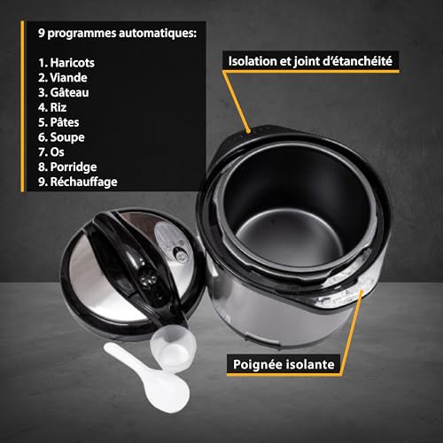 Autocuiseur Multifonction 6L, Multicuiseur Electrique avec 9 Programmes, Fonction Maintien au Chaud et Minuterie Intégrée, Acier Inoxydable, 1000W, Cuiseur à riz, Argent – Image 6