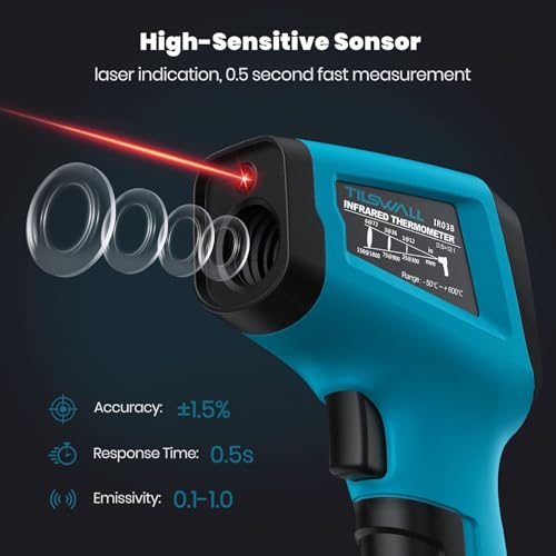 Tilswall Termómetro Infrarrojo (-50°C~800°C (-58°F~1472°F) Termometro laser sin Contacto con Emisividad Ajustable, Ideal para Cocina, BBQ y Congelador, Incluye Termómetro de Carne, Uso No Humano - imagen 2